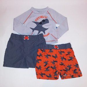 Lily & Dan Boys 3 Piece Swim Set 18 Months Gray Orange Sharks Rash Guard Swim Tr